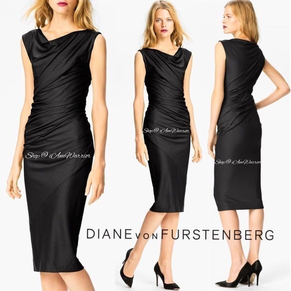 Diane von Furstenberg black ruched sleeveless wool midi-dress *shop@iamwarrior - Picture 1 of 10